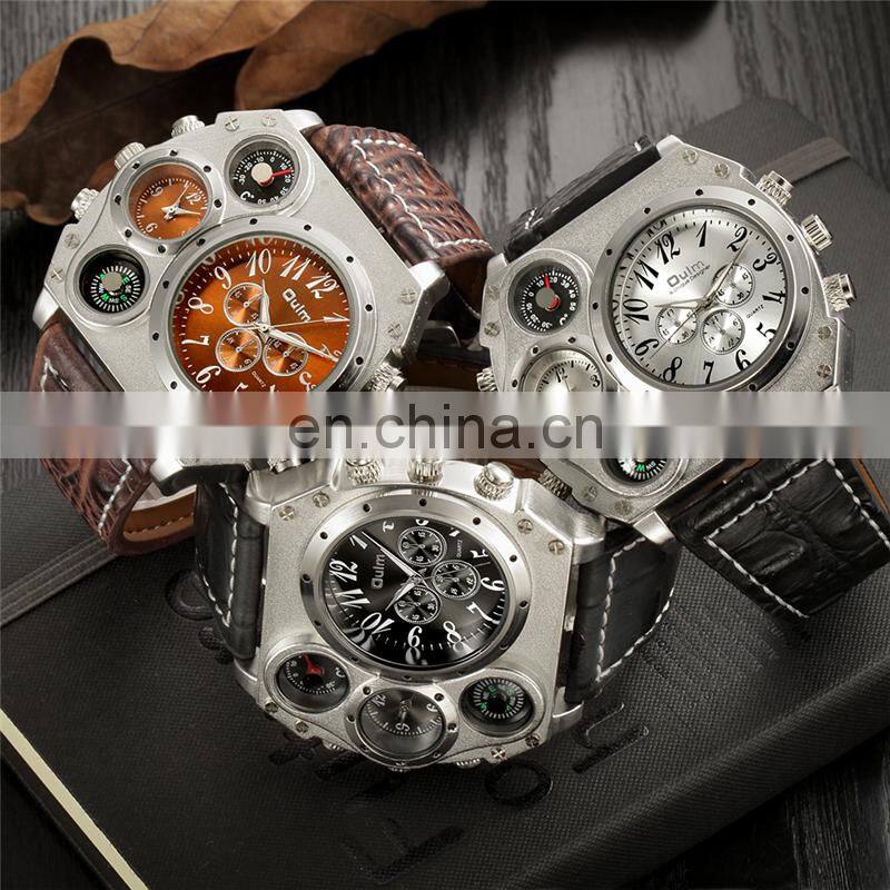 OULM 1349 Men Compass Watch Leather Strap Dual Time Big Face Quartz Watch Relogio Masculino