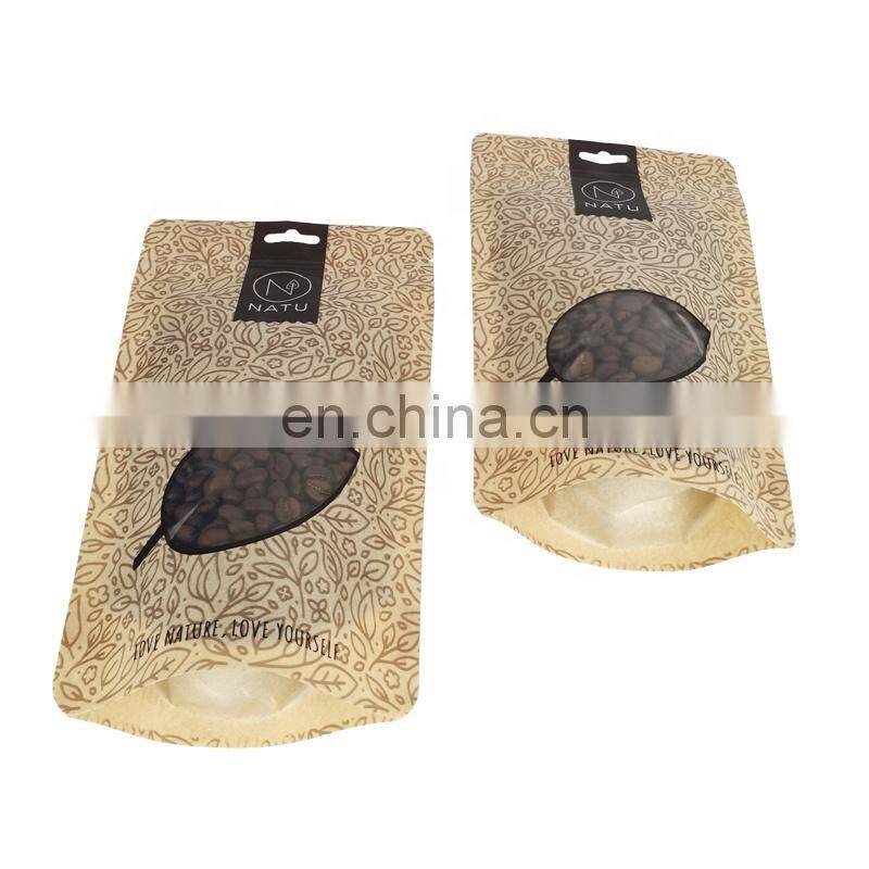 Recyclable food packaging stand up pouch laminated heat seal kraft paper bag smell proof zipper doypack with transparent window