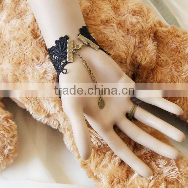 Black Lace Slave Bracelets with Ring Lolita Sexy Glass Bead Chain Metal