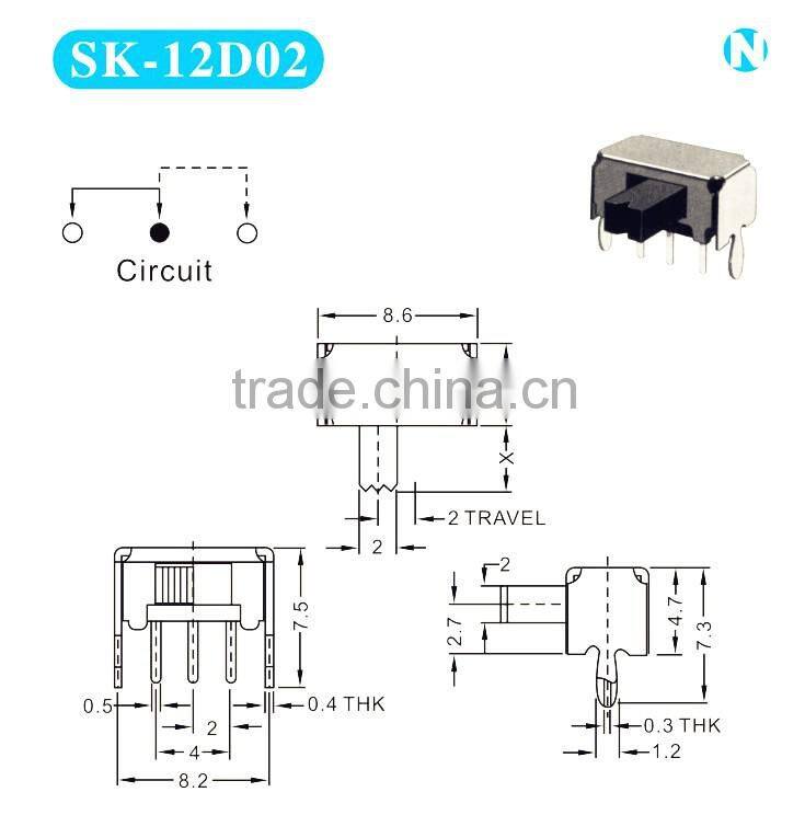 SK-12D02G4 high quality overheat 2position 1P2T horizontal slide switch slide switch