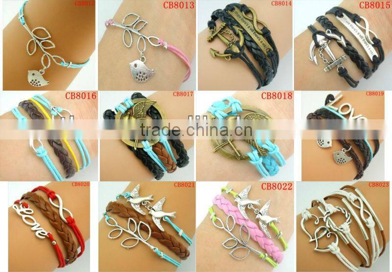 CB8007 wholesale jewelry leather bracelet wax line accessory sliver bracelet frienship leather bracelet