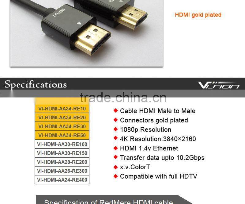 High performance 3FT 34AWG RedMere HDMI Cable with gold plated