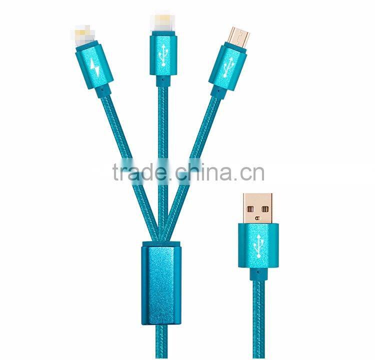 Highend 3 in 1 Mobile Phone cable 100cm micro usb Aluminum Alloy for Android& Iphone 5 cables Nylon Weave charging USB Line