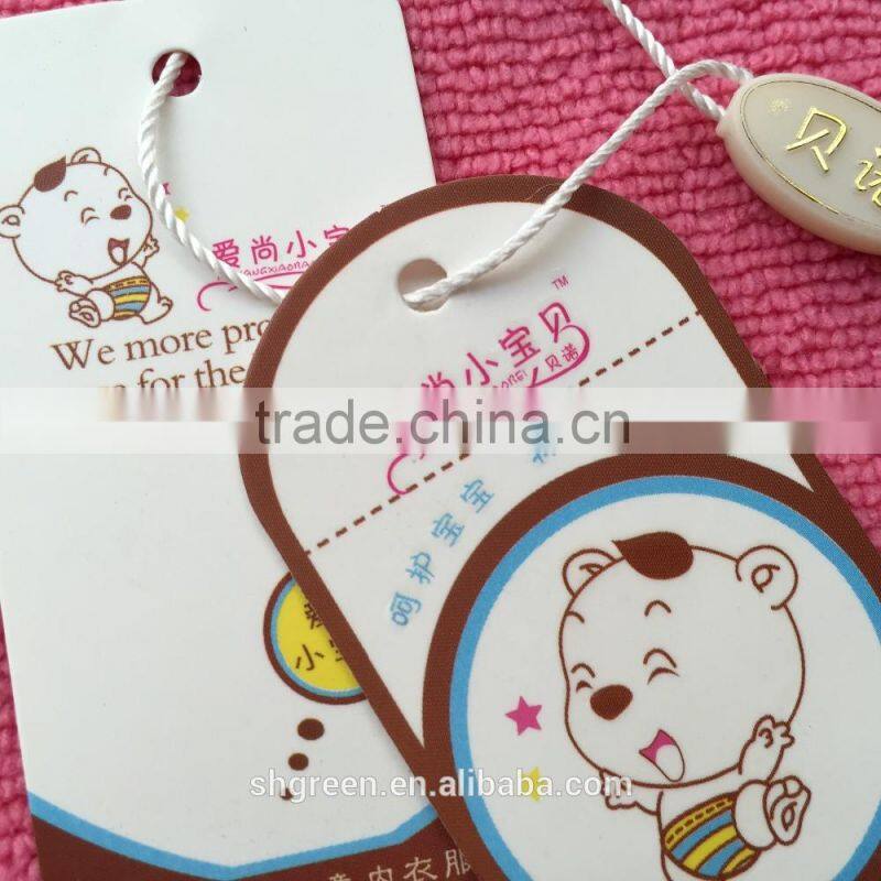 Classic spot UV swing tag with embossed logo for dolls