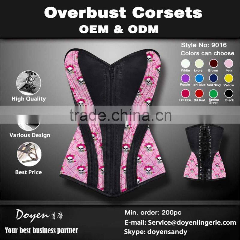 printing sexy zipper overbust corset bodysuit to wear out