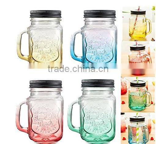 400ml Glass bottle mason jars with color painted wholesale with caps and straws