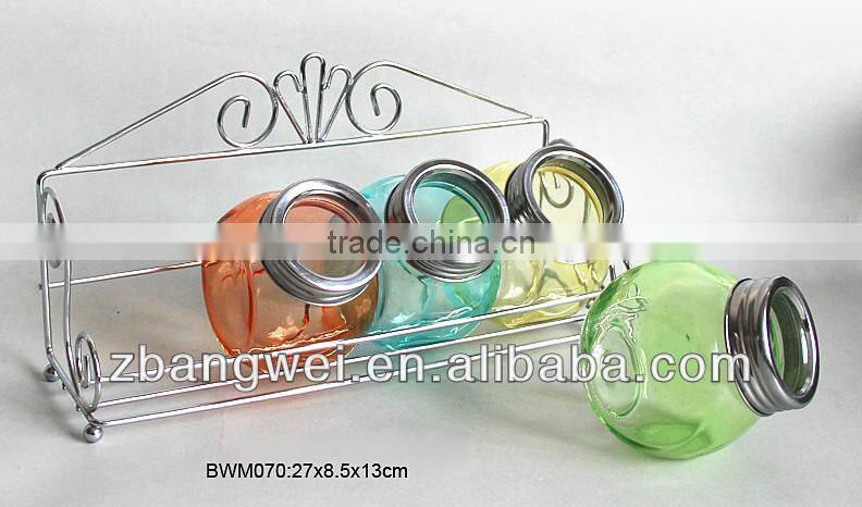 4pcs glass spice jar set with metal rack
