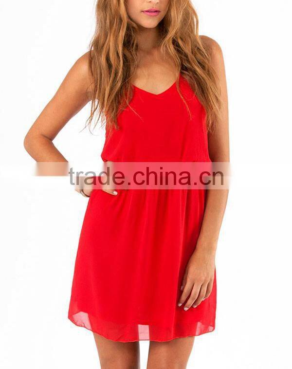 2015 New Women Summer Dress Black Red Double Strap Chiffon Dress Sexy V-neck Skirt Sleeveless Dress XS-XXL