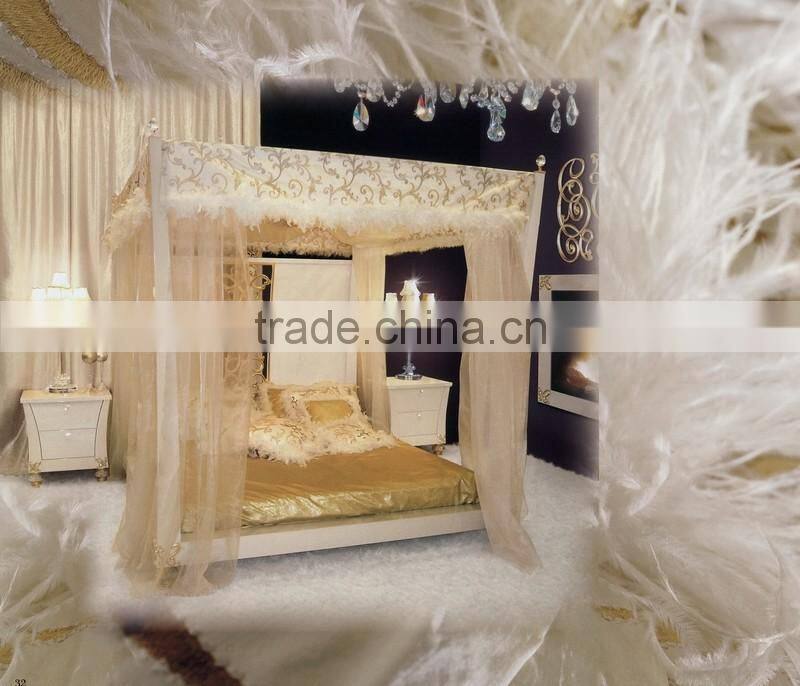 Antique Carved Flower and Leave Designed Leather Canopy Bed, Bisini Neoclassical Silver Foil Wooden Canopy Bed