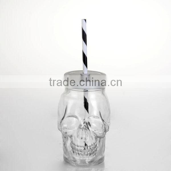 15.5oz Halloween skull color paper with lid straw with handle