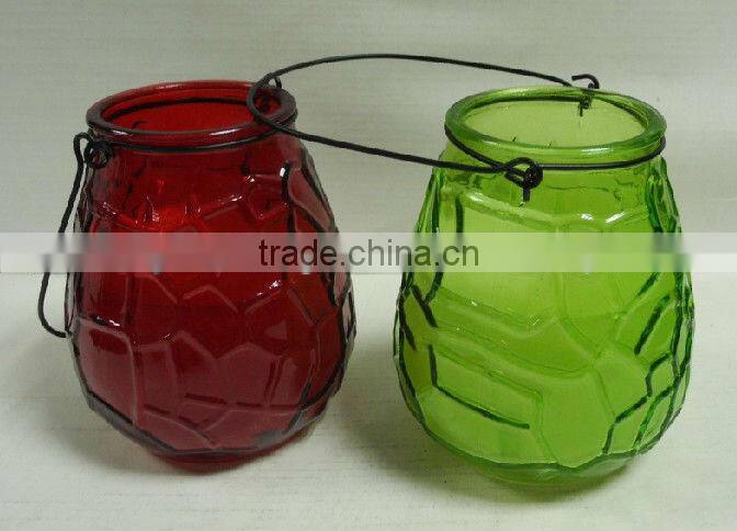 colorful decorative glass scented candle jar with metal handle