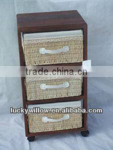 lovery handmade wicker &wood drawer cabinet /wicker or willow storage cabinet with 3 basket(manufacture)