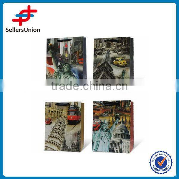 Gift paper bags "M",fancy paper bags, 4 city deisgns cheap paper gift bags with ribbon handles