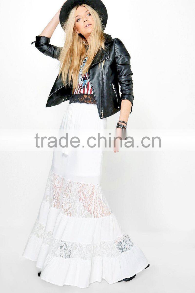 Party Wear Long Tiered Dance Skirts Lace Panelled Tassel Tie Bohemian Maxi Skirts Wholesale