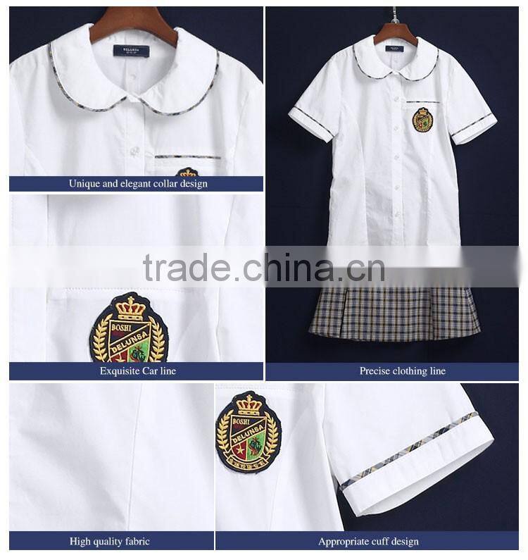Custom School Wear Sets Girls Short Sleeve Shirt And Pleat Plaid Skirt