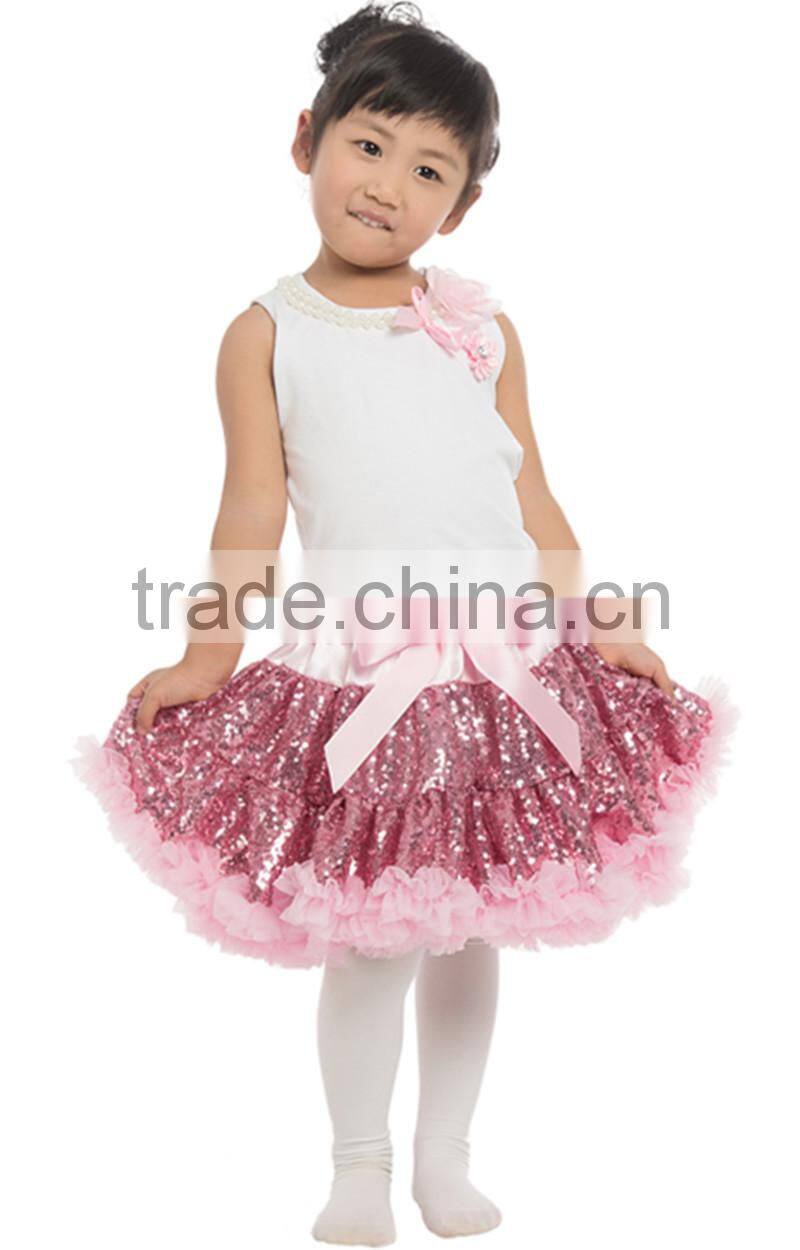long sleeve flower sequin fluffy pettiskirt for girls- embroidered costume with belt-- stage wear