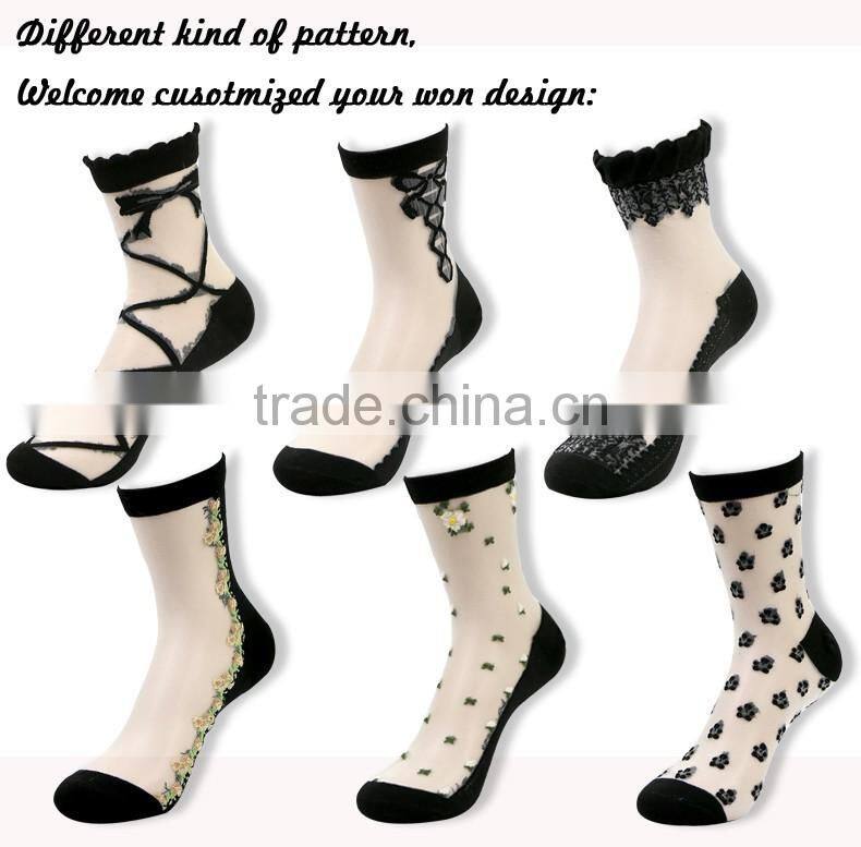 high quality wearproof mix pattern glass silk transparent women socks
