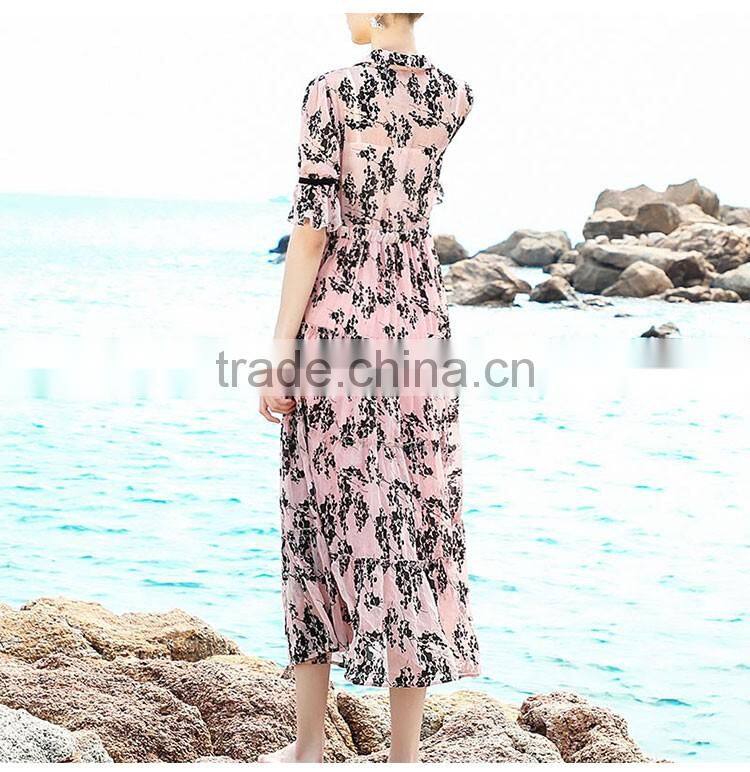 Maxnegio printed maxi chiffon long pink beach dress