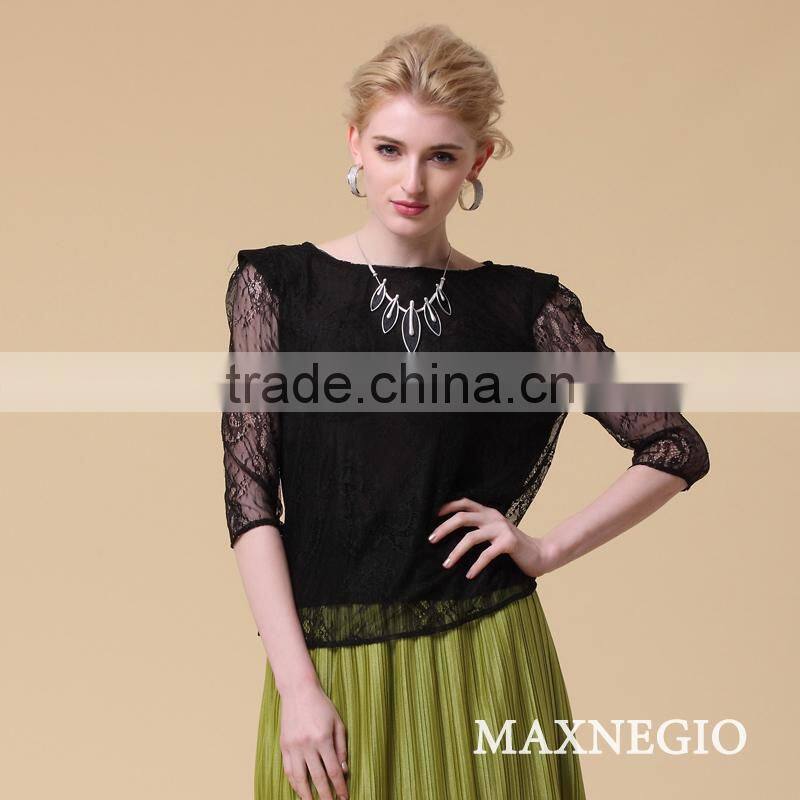 Hot selling chiffon fabric black T-shirt fashion lace blouse on sale