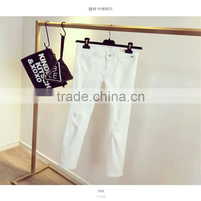 New Women's Fashion Straight Jeans Ripped Holes Female Long Term Mid Waist Cotton Washed Denim Pants