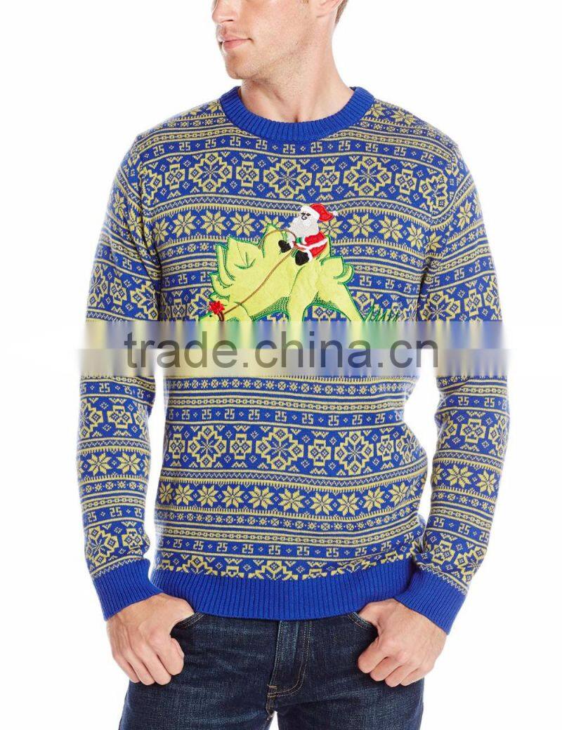 Men Blue Sweater Santa Dinosaur Riding Pattern Christmas Pullover Sweater