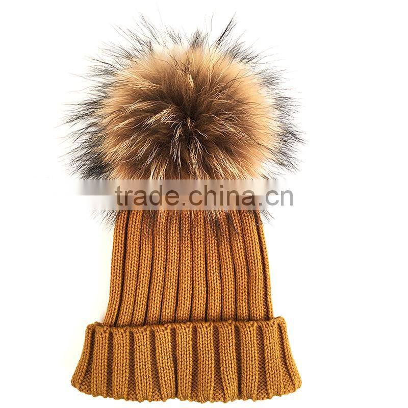 Myfur Detachable Natural Raccoon Fur Pompom Knit Hat Wholesale Winter Cap