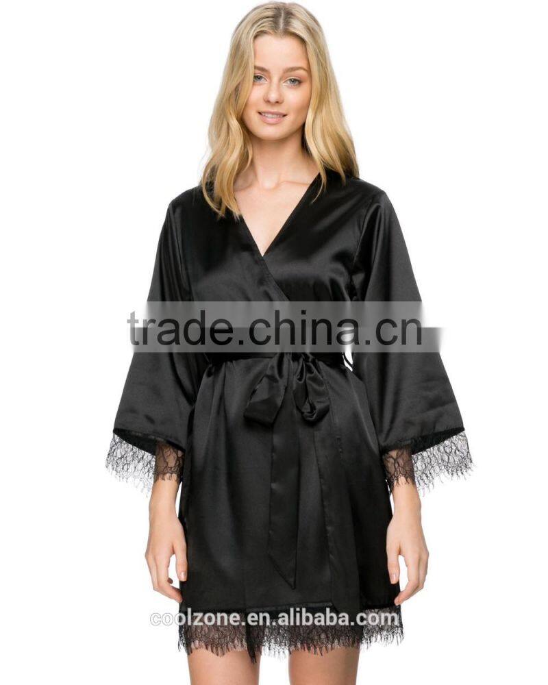Fashion wrap front long sleeves robe relaxed fit silk robe with belt
