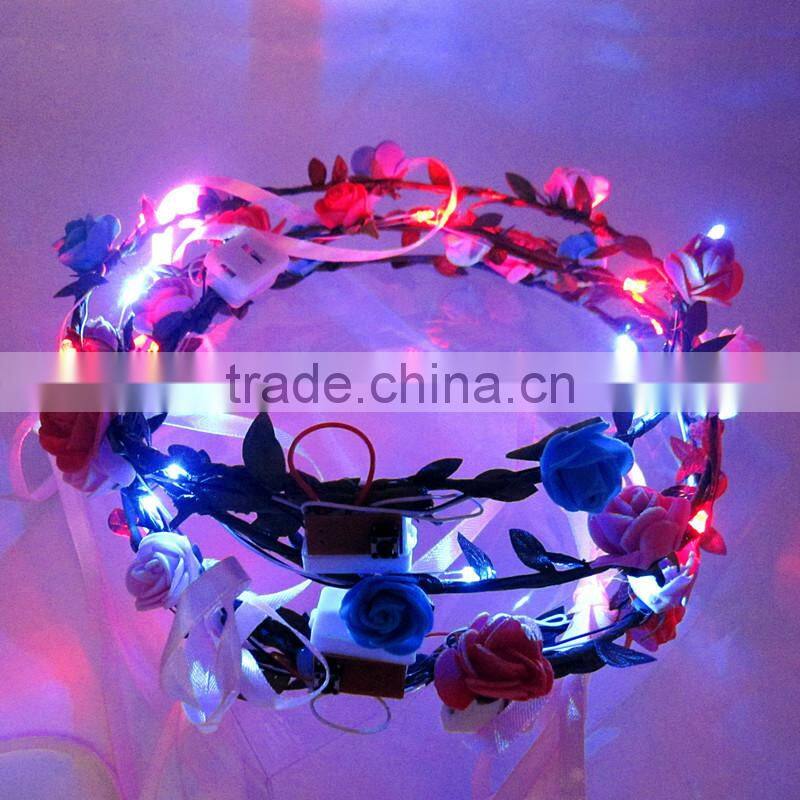 New Products Artificial Flower Head Band LED Light Rose Flower Wreath