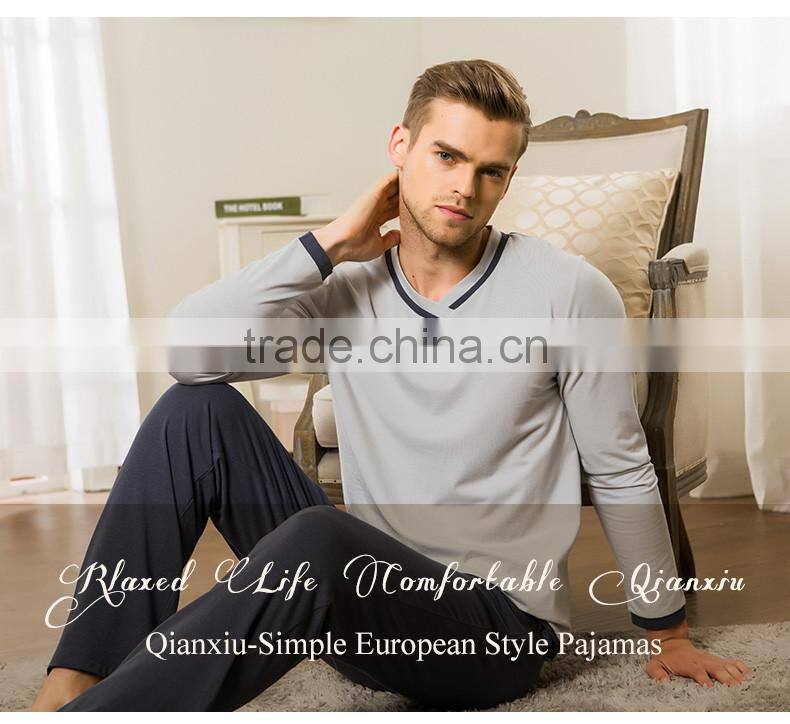 Wholesale Qianxiu Autumn Long Sleeves Cotton Comfort Knit Cotton 100 Mens Male Sleepwear