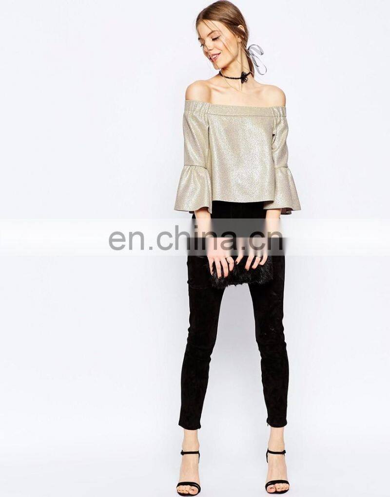 Ruffled sleeves off shoulder style latest fashion blouse design for lady