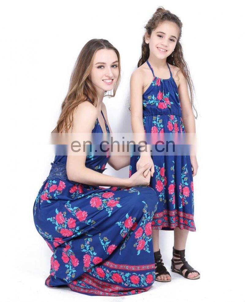 Fashion design mommy and me outfits blue floral printed mother daughter matching dress