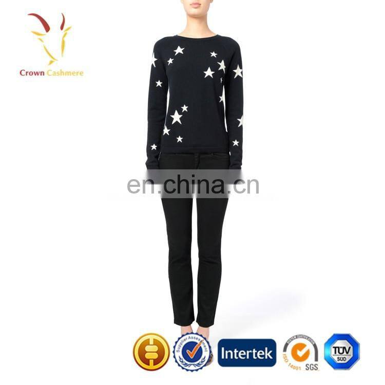 Pure Wool Knitted Star Design Black Intarsia Sweater
