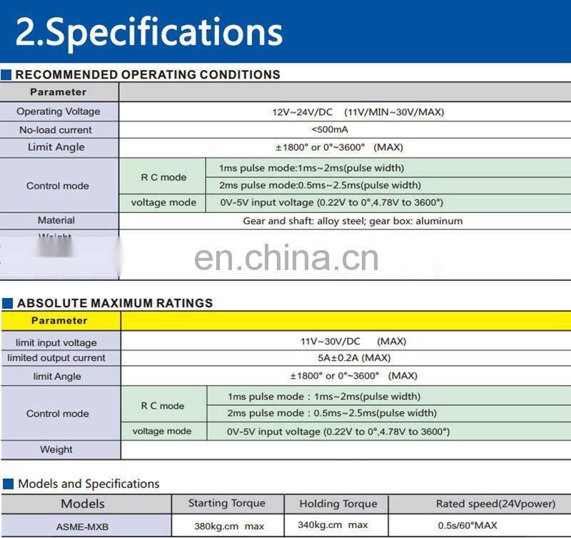 ASME-MXB DC 12V~24V 380kg.cm Steel Gear 3600 Degree High Torque Servo for Large Robot