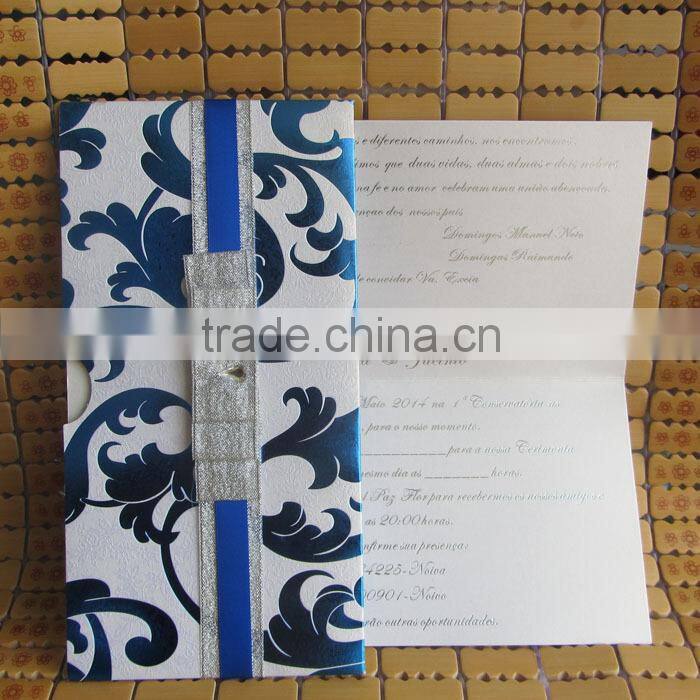 Amazing Silver Ribbon Pocket Fold English Wedding Invitation Card