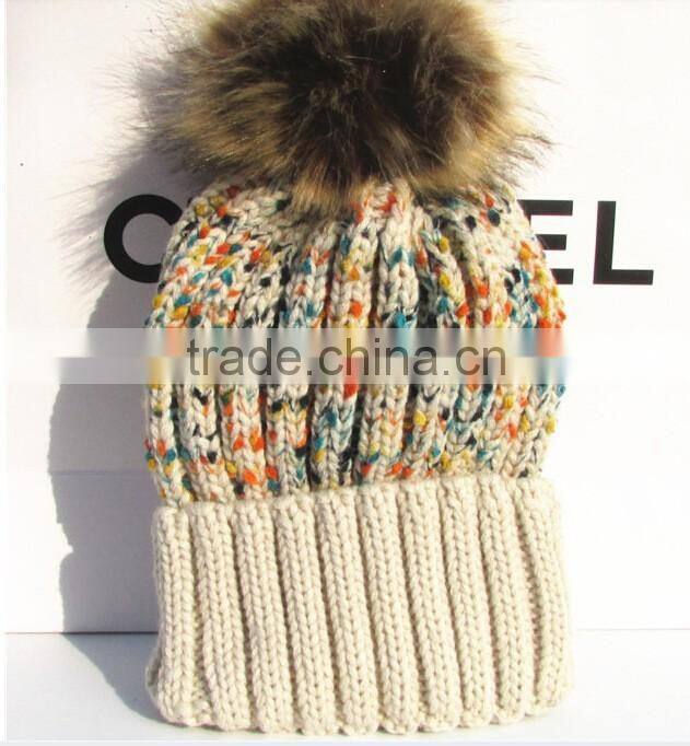 Fashion Korean Coloured Thread Knitting Faux Fur Pom Pom Beanie Hat
