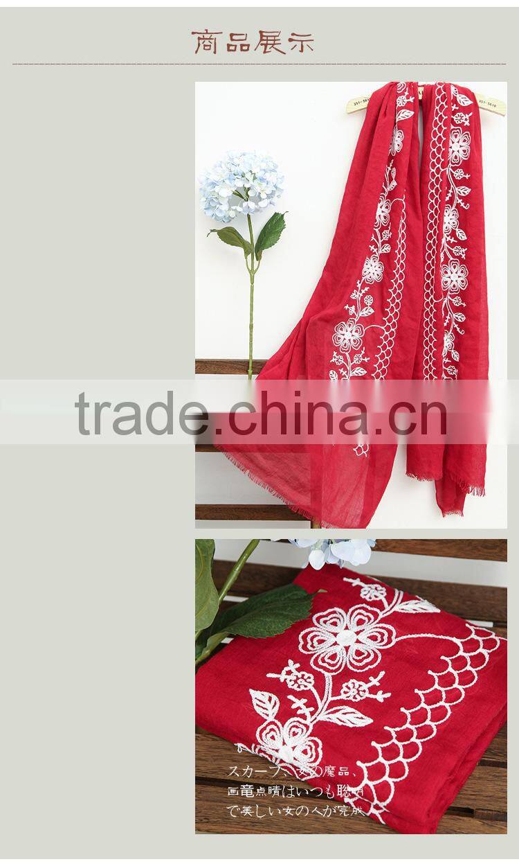 New Style Soft Long Cotton Flower Embroidery Hijab