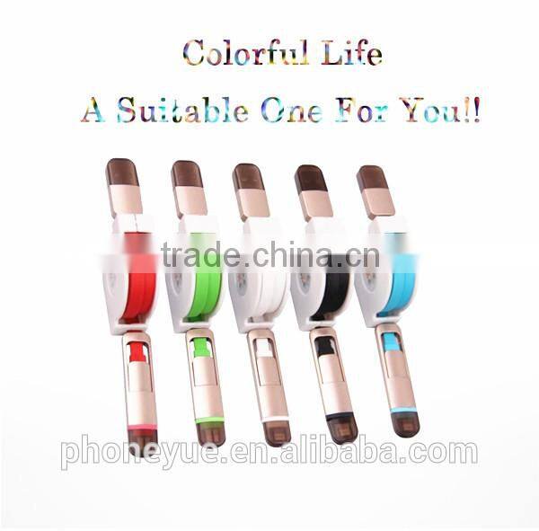 2 in 1 long custom retractable micro usb cable reel for iphone and for android