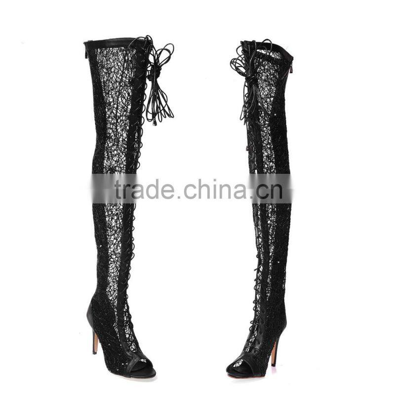 Catwalk night club wear gladiator over the knee thigh high boots woman runway lace up peep toe botas