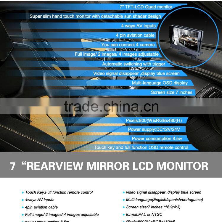 7 inch quad stand alone lcd monitor with 12v dc input with 4 video input can connect 4 cameras for Bus and Truck