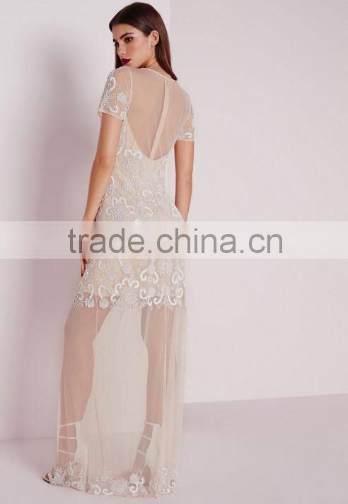 premium embellished cap sleeve mesh maxi dress nude