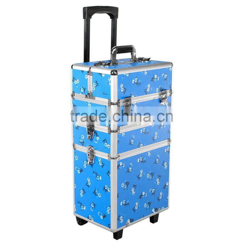 Aluminum 3-in-1 Blue Floral Makeup/Beauty/Hairdressing/Vanity Trolley/Box/Case
