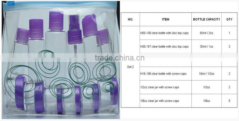 Comfort economy wholesale shampoo/bath gel bottle travel kit set portable night cream hand lotion travel cosmetic bag