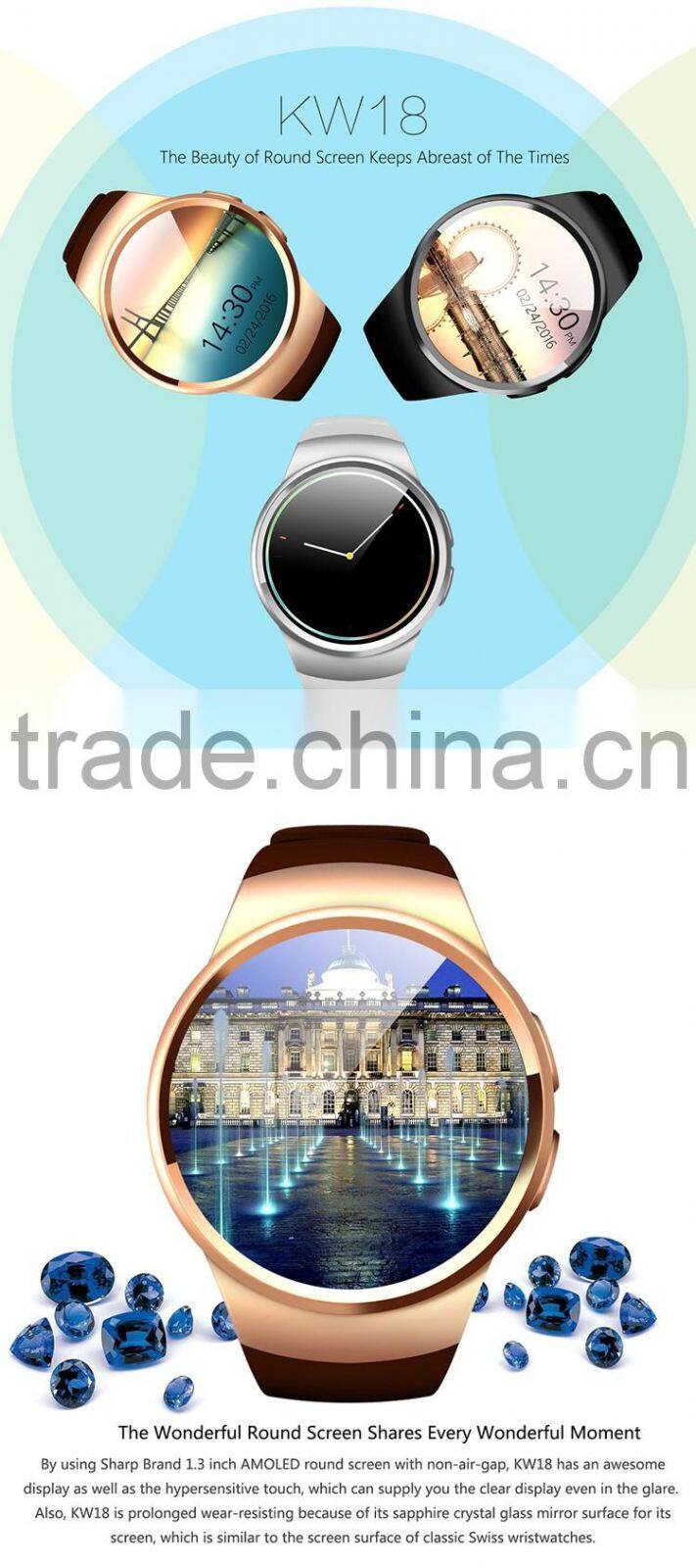 EXCELVAN Smart Watch KW18 SIM Watch MTK2502C Pedometer Heart Rate Monitor Touch Screen Smartwatch for iOS Android Smartphone