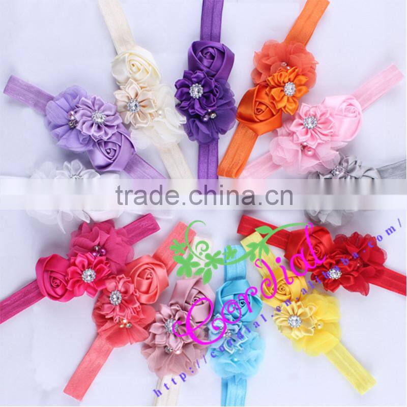 Handmade Rhinestone Center Ribbon Shabby Chiffon Flowers Cheap Wholesale For Hair