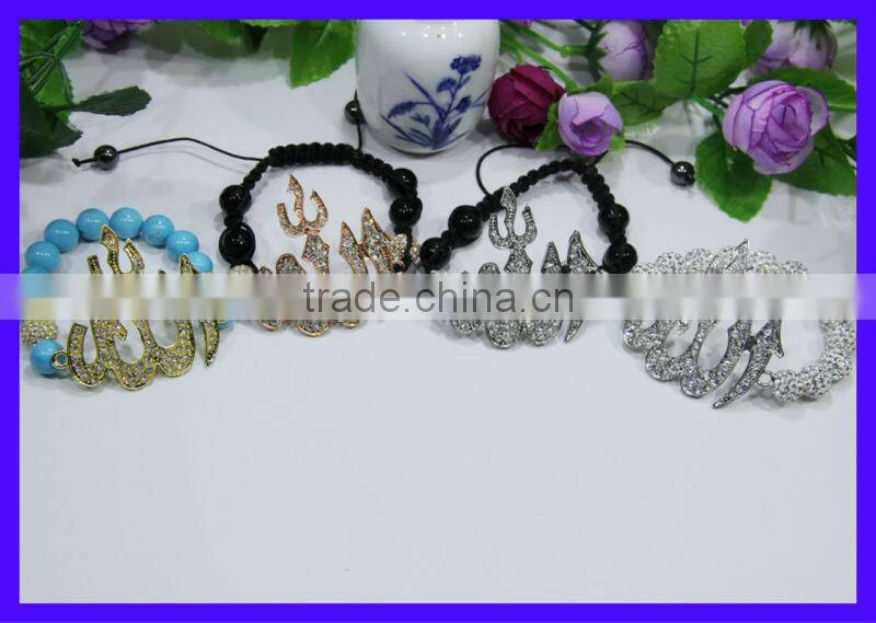 KJL-BR821 Best pink beads bracelet rhinestone pave sideway gold Allah Bracelets