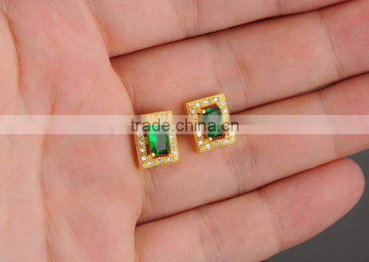 KSTONE 2015 new design 18K gold plated square green big AAA+ cubic zirconia diamond stud earrings for women