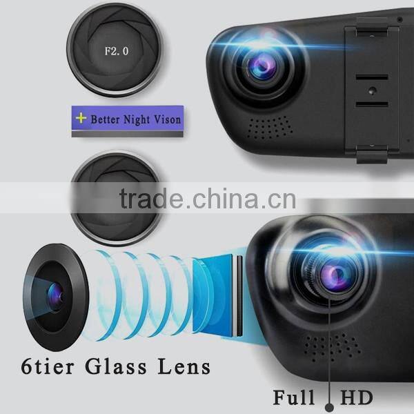 Promotion Dual Lens 1080P 4.3inch rearview mirror DVR camera with Two Lens