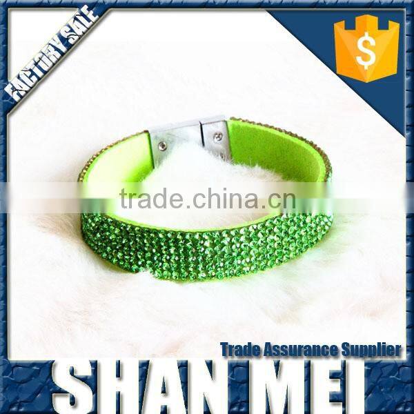 hot selling handcraft bright green crystal leather bracelet/bangles