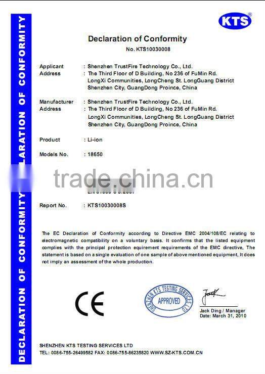 trustfire 3.7v 18650 2400mah high lithium battery for elctronic products