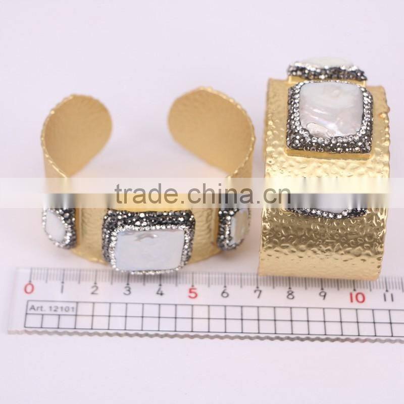 Metal Brass Plated Metalblack Bangles, White Freshwater Pearl Bangles, with Pave Crystal Gem Bangles Jewelry